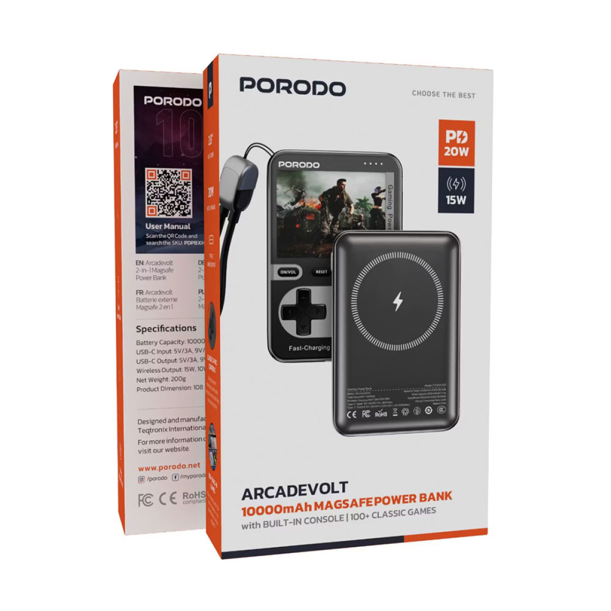  بنك طاقة بورودو غايمينغ آركيد فولت 10000 ملّي أمبير مع ماغ سيف – أسود